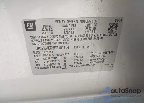 2015 Chevrolet Silverado 2500Hd Lt z USA, uszkodzony, nr VIN 1GC2KVEG8FZ101104